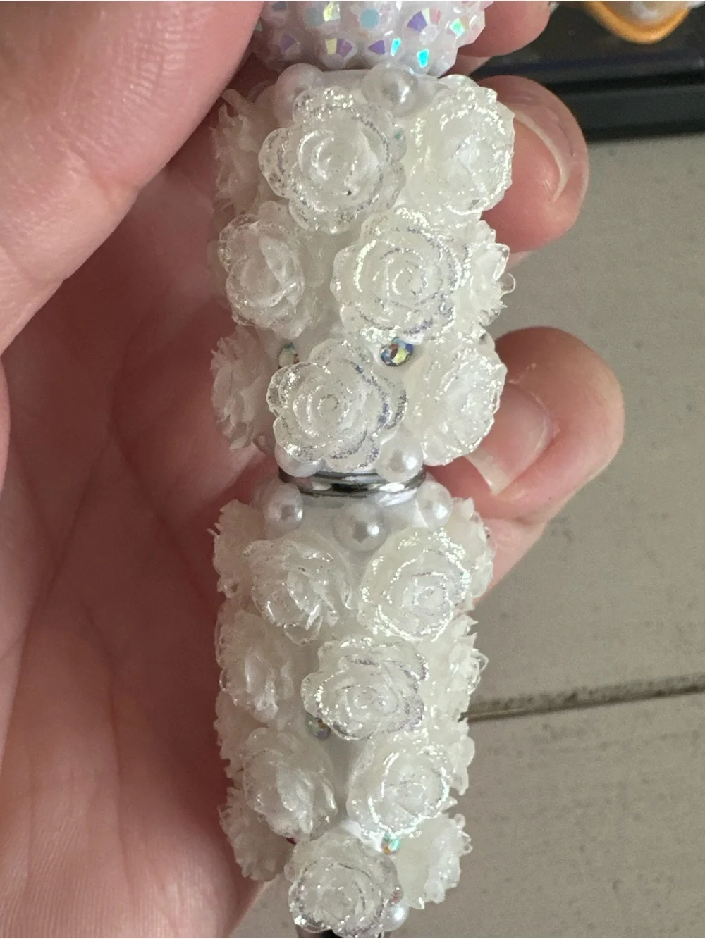 Handmade White Floral Heart Beaded Pen with Strawberry accent